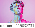 Marble classical sculpture covered with dripping colorful paint. Greek statue in paint stains. Modern art minimalist creative concept. Grunge art, creativity, imagination, party, vandalism 119852731