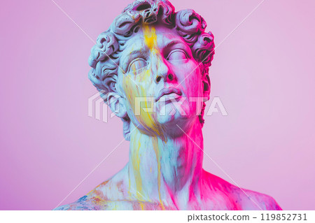 Marble classical sculpture covered with dripping colorful paint. Greek statue in paint stains. Modern art minimalist creative concept. Grunge art, creativity, imagination, party, vandalism 119852731
