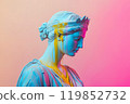 Marble classical sculpture covered with dripping colorful paint. Greek statue in paint stains. Modern art minimalist creative concept. Grunge art, creativity, imagination, party, vandalism 119852732