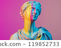 Marble classical sculpture covered with dripping colorful paint. Greek statue in paint stains. Modern art minimalist creative concept. Grunge art, creativity, imagination, party, vandalism 119852733