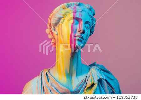 Marble classical sculpture covered with dripping colorful paint. Greek statue in paint stains. Modern art minimalist creative concept. Grunge art, creativity, imagination, party, vandalism 119852733