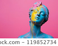 Marble classical sculpture covered with dripping colorful paint. Greek statue in paint stains. Modern art minimalist creative concept. Grunge art, creativity, imagination, party, vandalism 119852734