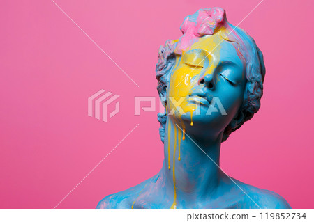 Marble classical sculpture covered with dripping colorful paint. Greek statue in paint stains. Modern art minimalist creative concept. Grunge art, creativity, imagination, party, vandalism Marble classical sculpture covered with dripping colorful paint. Greek statue in paint stains. Modern art minimalist creative concept. Grunge art, creativity, imagination, party, vandalism 119852734