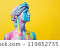 Marble classical sculpture covered with dripping colorful paint. Greek statue in paint stains. Modern art minimalist creative concept. Grunge art, creativity, imagination, party, vandalism 119852735