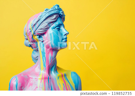 Marble classical sculpture covered with dripping colorful paint. Greek statue in paint stains. Modern art minimalist creative concept. Grunge art, creativity, imagination, party, vandalism 119852735