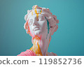 Marble classical sculpture covered with dripping colorful paint. Greek statue in paint stains. Modern art minimalist creative concept. Grunge art, creativity, imagination, party, vandalism 119852736