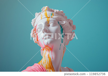 Marble classical sculpture covered with dripping colorful paint. Greek statue in paint stains. Modern art minimalist creative concept. Grunge art, creativity, imagination, party, vandalism 119852736