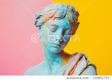 Marble classical sculpture covered with dripping colorful paint. Greek statue in paint stains. Modern art minimalist creative concept. Grunge art, creativity, imagination, party, vandalism 119852737