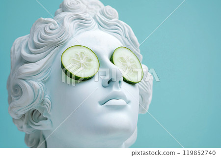 Statue of a Greek goddess with cucumber slices on eyes. Sculpture on spa treatments after bath. Beauty procedures, self-care, art, wellness, cosmetics and beauty salon, relaxation concept Statue of a Greek goddess with cucumber slices on eyes. Sculpture on spa treatments after bath. Beauty procedures, self-care, art, wellness, cosmetics and beauty salon, relaxation concept 119852740