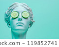 Statue of a Greek goddess with cucumber slices on eyes. Sculpture on spa treatments after bath. Beauty procedures, self-care, art, wellness, cosmetics and beauty salon, relaxation concept 119852741