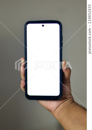 Hand Holding Smartphone With Blank White Screen Display 119852835