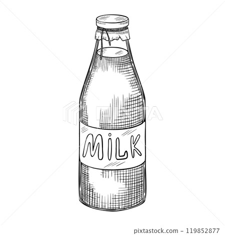 Milk bottle vector illustration. Linear drawing of dairy product painted by black inks. Outline etching for product label or recipe in cookery book. Monochrome line art of beverage for culinary. Milk bottle vector illustration. Linear drawing of dairy product painted by black inks. Outline etching for product label or recipe in cookery book. Monochrome line art of beverage for culinary. 119852877
