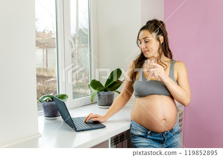 A glowing pregnant woman stays hydrated while working on her laptop 119852895