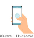 Hand holding mobile phone with fingerprint 119852898