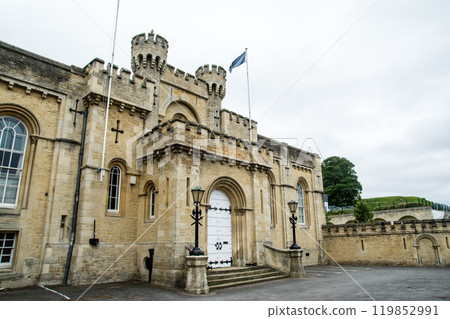 Historic town hall made of honey-colored stone and bricks in Oxford Historic town hall made of honey-colored stone and bricks in Oxford 119852991