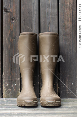 Dirty women rubber boots stand near wood wall on the sunny day. High quality photo Dirty women rubber boots stand near wood wall on the sunny day. High quality photo 119853244