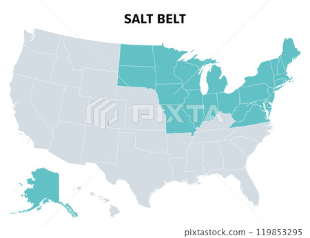Salt Belt of the United States, political map. U.S. region in which road salt is used in winter to control snow and ice. Other states are also considered to be part, but use less corrosive substances. 119853295