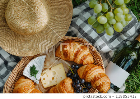 Top view of a picnic basket with cheese, French croissants, bottle of wine and grapes. A sunhat and light blanket on the grass, romantic date, outdoors picnic, still life. Leisure, family weekend 119853412