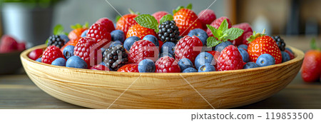 Fruits and berries in a wooden bowl on a kitchen table. Blueberries, raspberries and strawberries. Summer dessert, healthy snack, fruit diet Fruits and berries in a wooden bowl on a kitchen table. Blueberries, raspberries and strawberries. Summer dessert, healthy snack, fruit diet 119853500