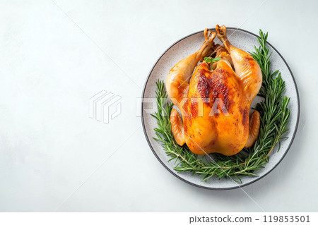 Whole roasted chicken on a serving plate with herbs, top view, copy space. Traditional celebration food. Thanksgiving roast chicken or turkey. Easy roast turkey recipe Whole roasted chicken on a serving plate with herbs, top view, copy space. Traditional celebration food. Thanksgiving roast chicken or turkey. Easy roast turkey recipe 119853501