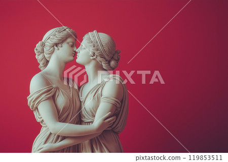Lesbian couple ancient marble sculptures. Greek lesbian sculpture. Two women in love. Lgbtq concept. Romantic loving embracing couple, valentine's day, endless love, LGBTQ+ movement theme, copy space 119853511