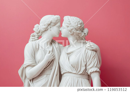 Lesbian couple ancient marble sculptures. Greek lesbian sculpture. Two women in love. Lgbtq concept. Romantic loving embracing couple, valentine's day, endless love, LGBTQ+ movement theme, copy space 119853512