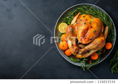 Whole roasted chicken on a serving plate with herbs, top view, copy space. Traditional celebration food. Thanksgiving roast chicken or turkey. Easy roast turkey recipe 119853534
