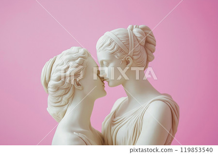 Lesbian couple ancient marble sculptures. Greek lesbian sculpture. Two women in love. Lgbtq concept. Romantic loving embracing couple, valentine's day, endless love, LGBTQ+ movement theme, copy space 119853540