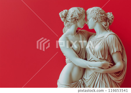 Lesbian couple ancient marble sculptures. Greek lesbian sculpture. Two women in love. Lgbtq concept. Romantic loving embracing couple, valentine's day, endless love, LGBTQ+ movement theme, copy space 119853541