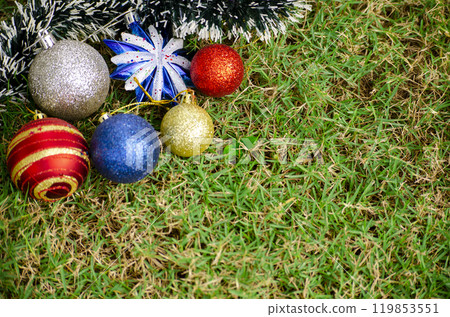 Top view of Christmas decoration with customizable space for text, ideas or wishes. Christmas Season Celebration with copy space 119853551