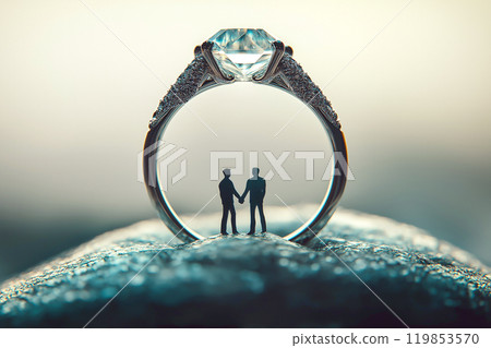 Two men inside the weeding ring, topper figures. Wedding ceremony and lgbt concept, women in love. Gay wedding couple with golden ring as a symbol of forever love, togetherness, commitment. Two men inside the weeding ring, topper figures. Wedding ceremony and lgbt concept, women in love. Gay wedding couple with golden ring as a symbol of forever love, togetherness, commitment. 119853570