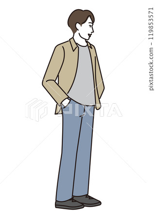 站立用他的在他的口袋的手的一個人 119853571