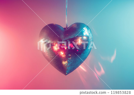 Heart shaped disco ball. Valentine's Day, love symbol and romantic exclusive relationships concept. Party decorations and dancing in nightclub theme. Heart-shaped discoball hanging from the ceiling 119853828