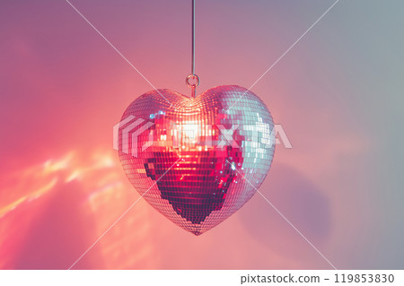 Heart shaped disco ball. Valentine's Day, love symbol and romantic exclusive relationships concept. Party decorations and dancing in nightclub theme. Heart-shaped discoball hanging from the ceiling 119853830