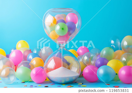 Helium balloons inside the hourglass. Time for fun, turn back time concept, party sand clock, copy space. Saving time, save the date, happy birthday greeting cart mockup 119853831