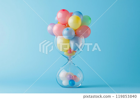 Helium balloons inside the hourglass. Time for fun, turn back time concept, party sand clock, copy space. Saving time, save the date, happy birthday greeting cart mockup 119853840