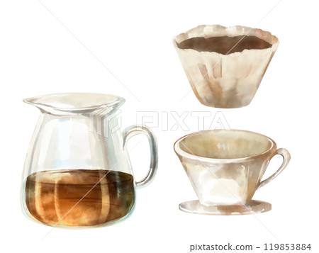 水彩咖啡過濾器和滴頭，咖啡插圖 119853884