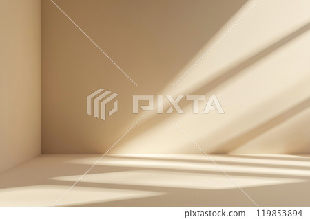 Abstract beige studio wall background for product presentation. Geometrical shadows on wall for modern minimalist mockup backdrop. Empty room with a light on the wall from the window. 119853894