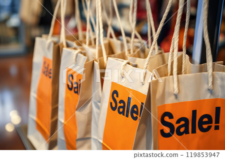 A lot of kraft paper shopping bags with 'SALE' text. Big sale, promotions, discounts, and advertising. Black Friday Sale, overconsumption 119853947
