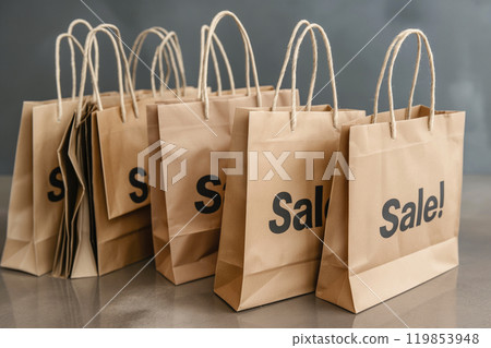 A lot of kraft paper shopping bags with 'SALE' text. Big sale, promotions, discounts, and advertising. Black Friday Sale, overconsumption 119853948