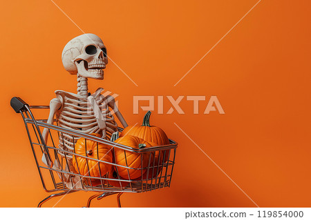 Skeleton sitting in the shopping cart with orange Halloween pumpkins. Happy Halloween, sale concept. Traditional October holiday. Autumn greeting card, advertising mockup with space for text 119854000