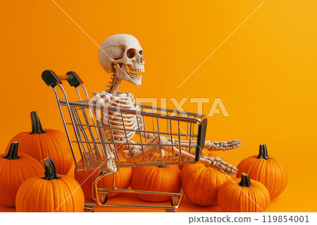 Skeleton sitting in the shopping cart with orange Halloween pumpkins. Happy Halloween, sale concept. Traditional October holiday. Autumn greeting card, advertising mockup with space for text 119854001