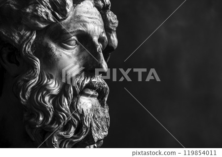 Ancient Roman or Greek statue closeup, white marble, high contrast. Side view with copy space. Sculpture, face of a mythological hero, portrait of god on black background 119854011