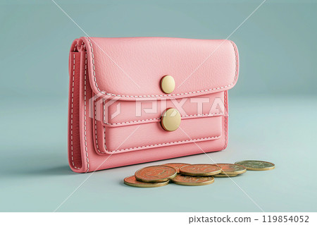 Wallet with coins 3D style. Cash, cashback and refund in online shopping concept. Savings and money spending, earnings, small salary, income, traditional coin purse. 119854052