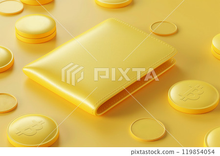 Wallet with coins 3D style. Cash, cashback and refund in online shopping concept. Savings and money spending, earnings, small salary, income, traditional coin purse. 119854054