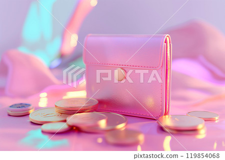 Wallet with coins 3D style. Cash, cashback and refund in online shopping concept. Savings and money spending, earnings, small salary, income, traditional coin purse. 119854068