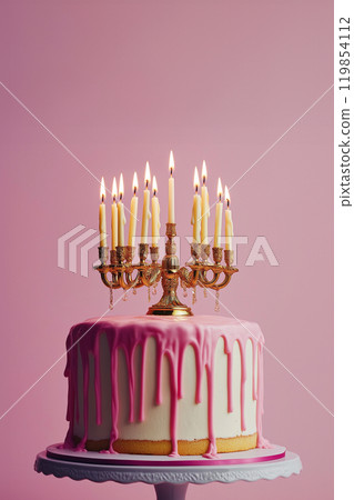 Cake with chandelier. Beautiful birthday cake with burning candles on stand. Party birthday concept, space for text. Greeting card template. Old fashioned design, retro party cake 119854112