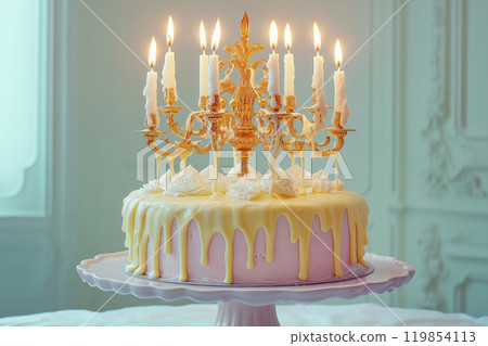 Cake with chandelier. Beautiful birthday cake with burning candles on stand. Party birthday concept. Old fashioned design, retro party cake Cake with chandelier. Beautiful birthday cake with burning candles on stand. Party birthday concept. Old fashioned design, retro party cake 119854113