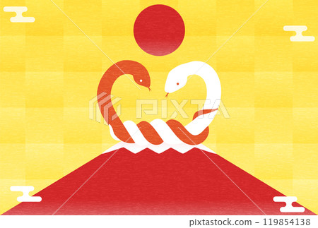 New Year's card for 2025, Year of the Snake, with a knotted red and white snake and red Mt. Fuji 119854138