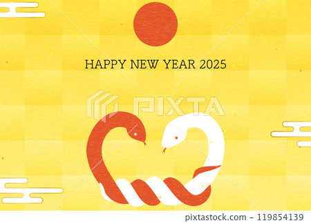 New Year's card for the year of the snake 2025, with a knotted red and white snake and the first sunrise 119854139